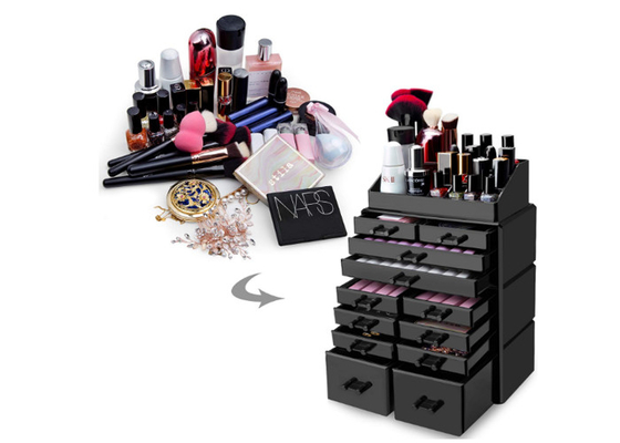 Black Acrylic Cosmetic Display Stand Clear Makeup Storage Organizer With 12 Drawers