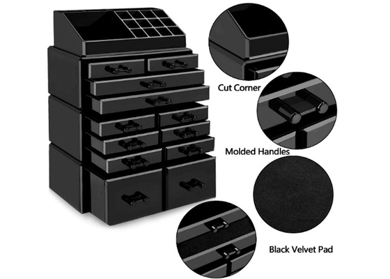 Black Acrylic Cosmetic Display Stand Clear Makeup Storage Organizer With 12 Drawers