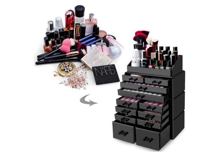 Black Acrylic Cosmetic Display Stand Clear Makeup Storage Organizer With 12 Drawers