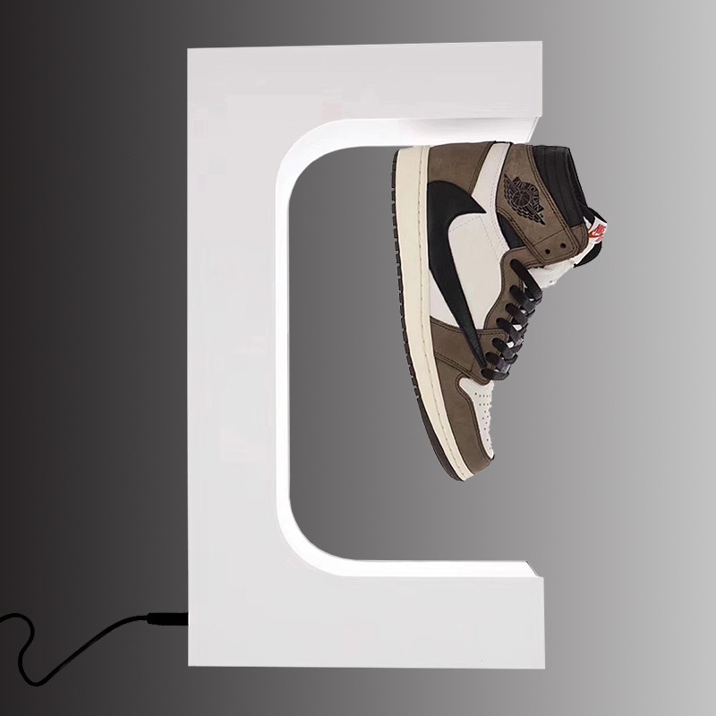 Fashion levitating magnetic floating shoes display stand and shop display for shoes fancy sever shoes display unit white